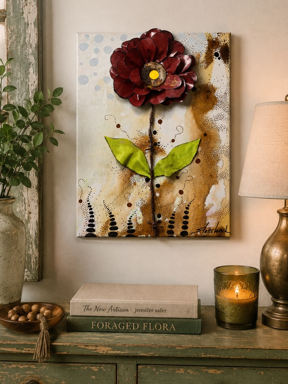 Handmade 3D Flower Wall Art | Signed Mixed Media | Vintage Barbed Wire&Metal
